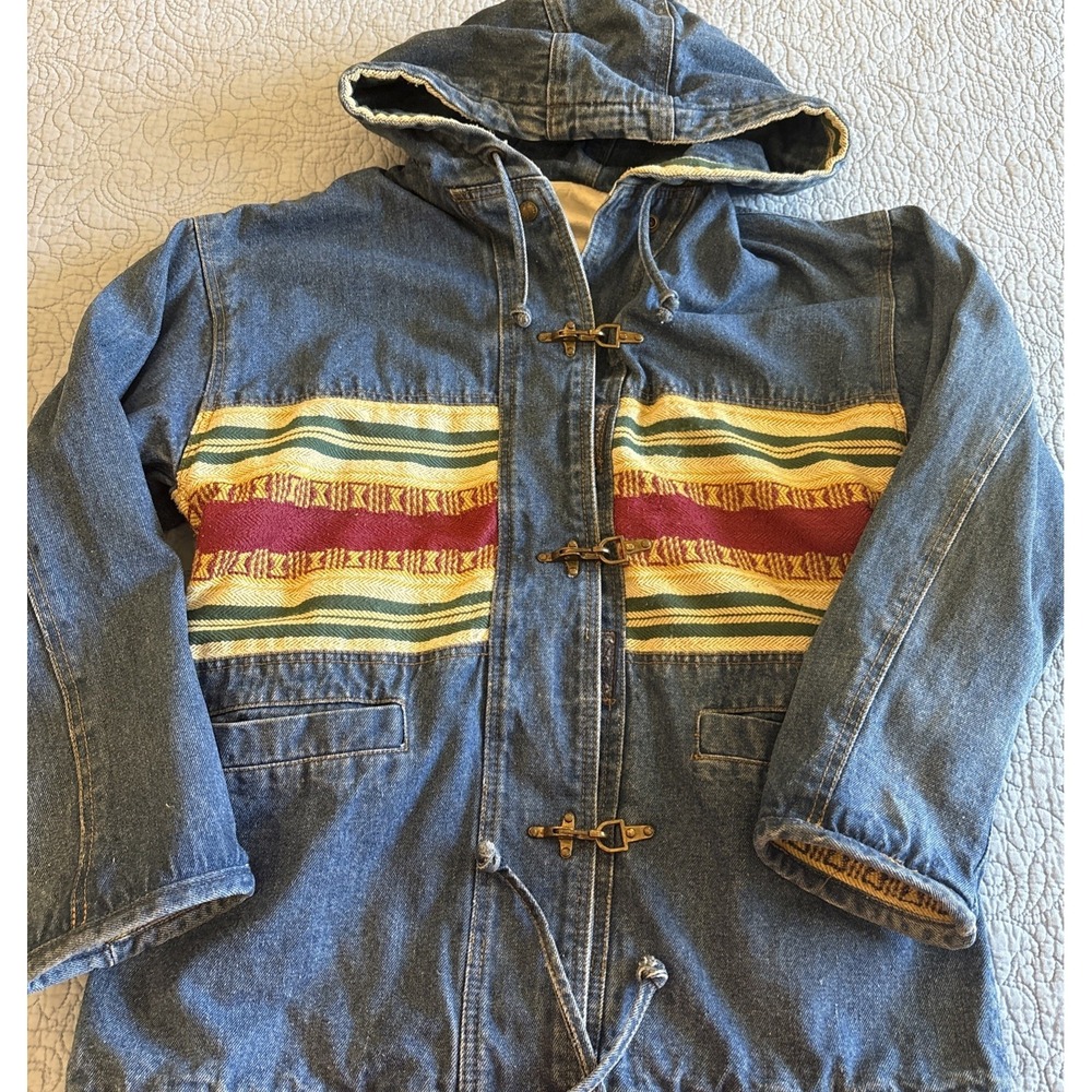 Karizma East Mens Small Denim Hooded Coat Jacket Hook Blue Large Southwestern